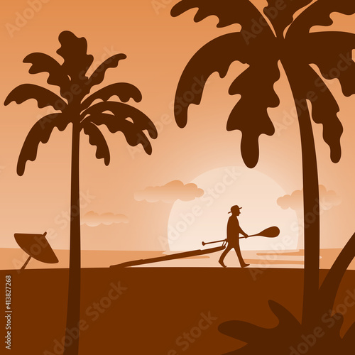 man dragging sup board and paddle on the beach with orange shade illustration vector