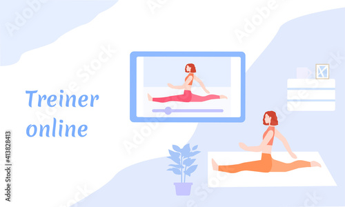 Girl is engaged in sports online at home, vector graphics