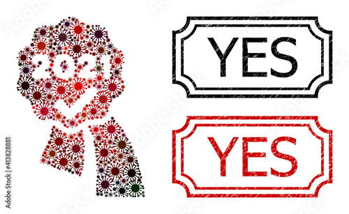 Mosaic 2021 approve award organized from covid icons, and grunge Yes rectangle stamps with notches.