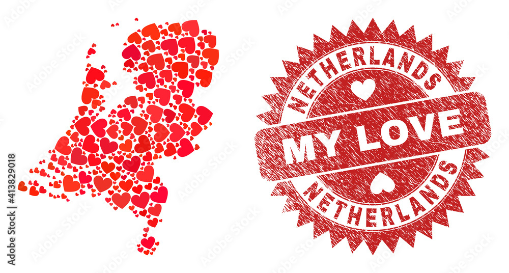 Vector mosaic Netherlands map of lovely heart items and grunge My Love seal. Collage geographic Netherlands map designed with lovely hearts. Vector mosaic Netherlands map of lovely heart items and grunge My Love seal. Collage geographic Netherlands map designed with lovely hearts.