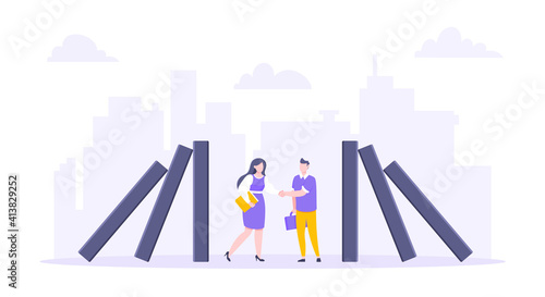Domino effect or business resilience metaphor vector illustration concept. Business people shaking hands near falling domino line business concept of problem solving and stopping domino chain reaction