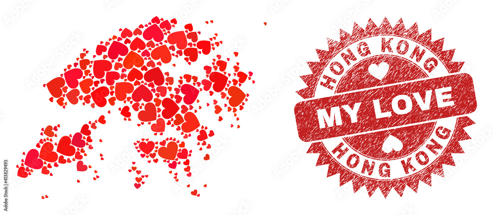 Vector collage Hong Kong map of love heart elements and grunge My Love seal stamp. Collage geographic Hong Kong map constructed with love hearts. Vector collage Hong Kong map of love heart elements and grunge My Love seal stamp. Collage geographic Hong Kong map constructed with love hearts.
