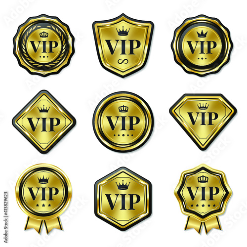Set of golden VIP badges