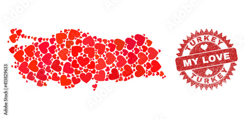 Vector collage Turkey map of love heart elements and grunge My Love badge. Collage geographic Turkey map created using lovely hearts. Red rosette seal with grunge rubber texture and my love caption.