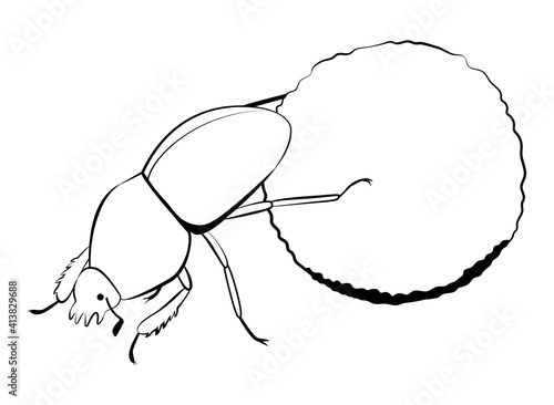 Scarab beetle rolls a ball of feces. Monochrome black line illustration. Vector hand drawn sacred insect isolated on white.