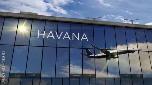 Photography Airplane landing at Havana Cuba airport mirrored in terminal