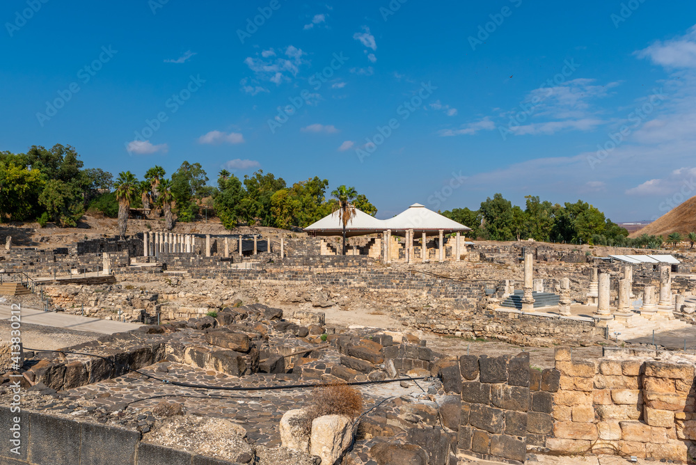Overview of bath house area at Beit She`an ancient ruins in Israel