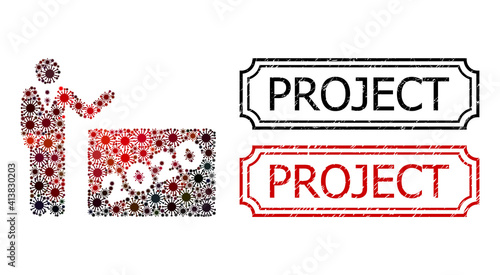 Mosaic 2020 showing man composed of flu virus icons, and grunge Project rectangle seal stamps with notches.
