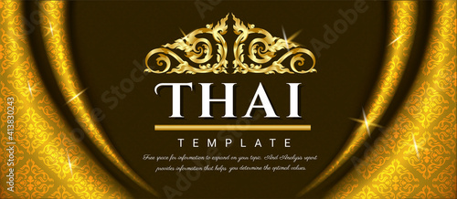 Yellow curtains With Thai traditional and Thai logo on the background, Thai traditional concept The Arts of Thailan, Vector illustration.