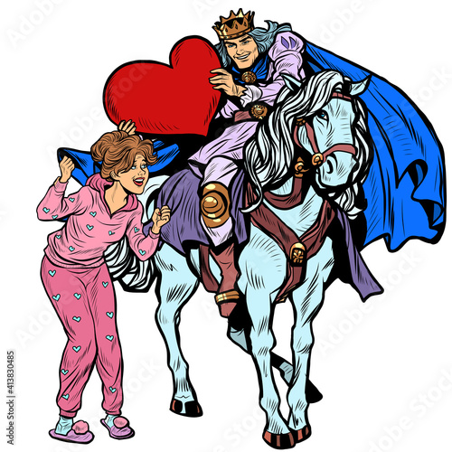 Valentines Day. A prince in love on a white horse galloped to a beautiful woman