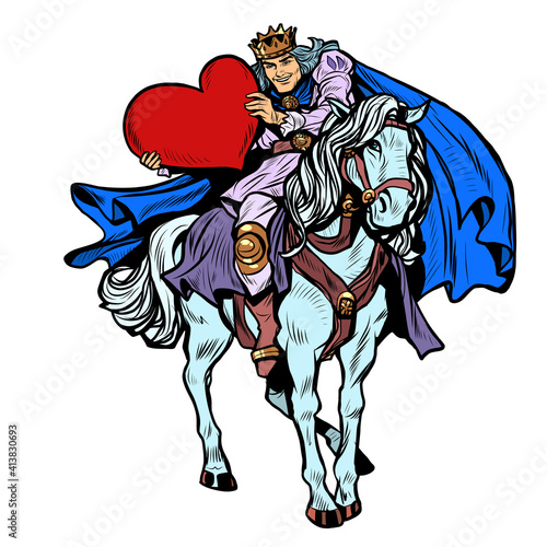 Valentine's Day. A prince in love on a white horse with a red heart