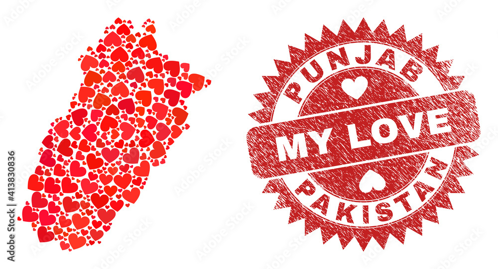 Vector mosaic Punjab Province map of love heart elements and grunge My Love seal stamp. Mosaic geographic Punjab Province map constructed with valentine hearts. Vector mosaic Punjab Province map of love heart elements and grunge My Love seal stamp. Mosaic geographic Punjab Province map constructed with valentine hearts.