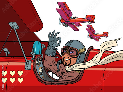 African pilot in the plane of love. Valentines Day