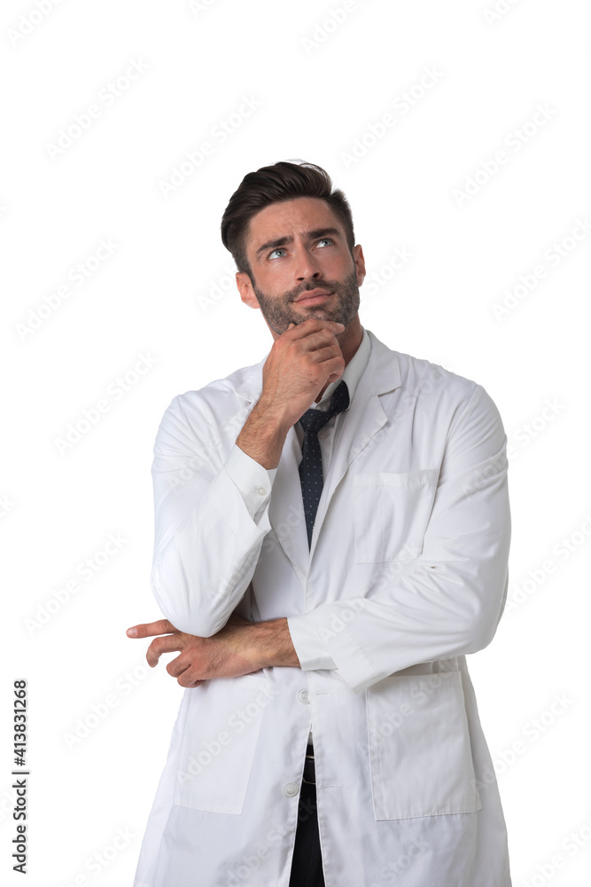 Male doctor holding chin thinking Male doctor holding chin thinking
