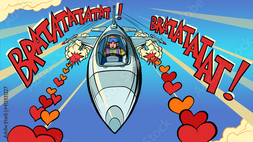 Beautiful woman pilot in love plane. Valentines Day