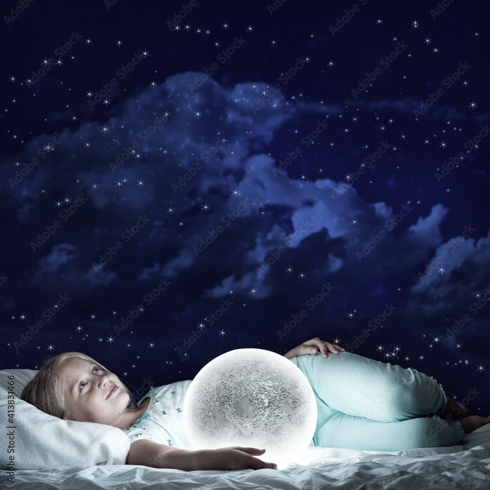 Girl in her bed and moon planet Girl in her bed and moon planet