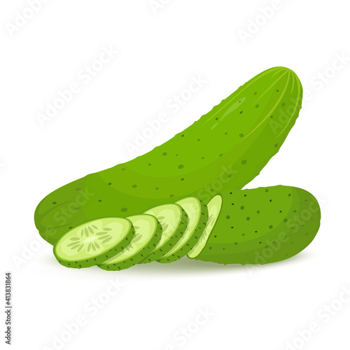 Cucumbers in flat style. Whole cucumber and slices .Vegetable organic food cucumber cut isolated on white background vector illustration
