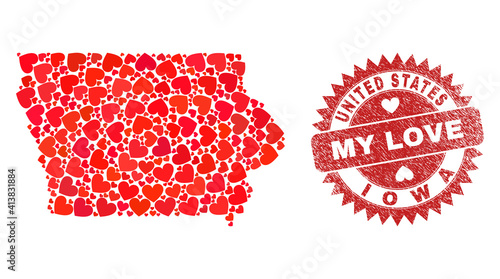 Vector mosaic Iowa State map of valentine heart items and grunge My Love seal. Mosaic geographic Iowa State map created using valentine hearts.