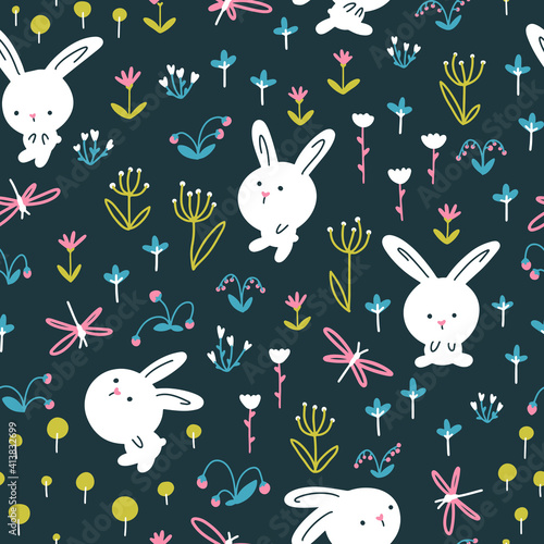 Forest rabbit seamless pattern. Cute characters with flowers and dragonflies. Baby cartoon vector in simple hand-drawn Scandinavian style. Nursery illustration on dark background.