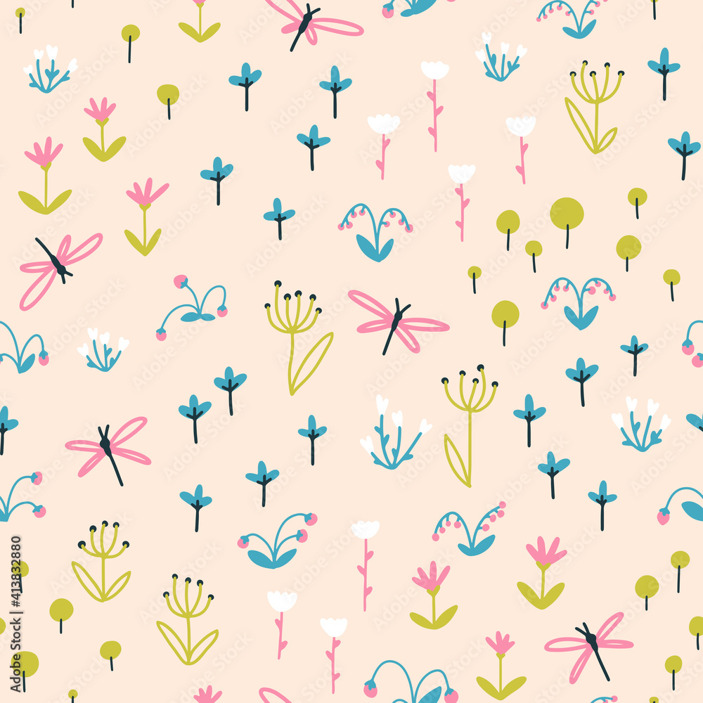 Dragonflies, Herbs and flowers nursery seamless pattern. Summer colorful doodle illustration in simple hand drawn scandinavian style. Vector sketch on a beige background ideal for baby textiles.