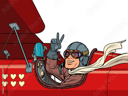 Pilot man in the plane of love. Valentines Day