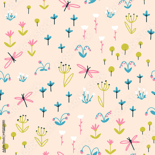 Dragonflies, Herbs and flowers nursery seamless pattern. Summer colorful doodle illustration in simple hand drawn scandinavian style. Vector sketch on a beige background ideal for baby textiles.