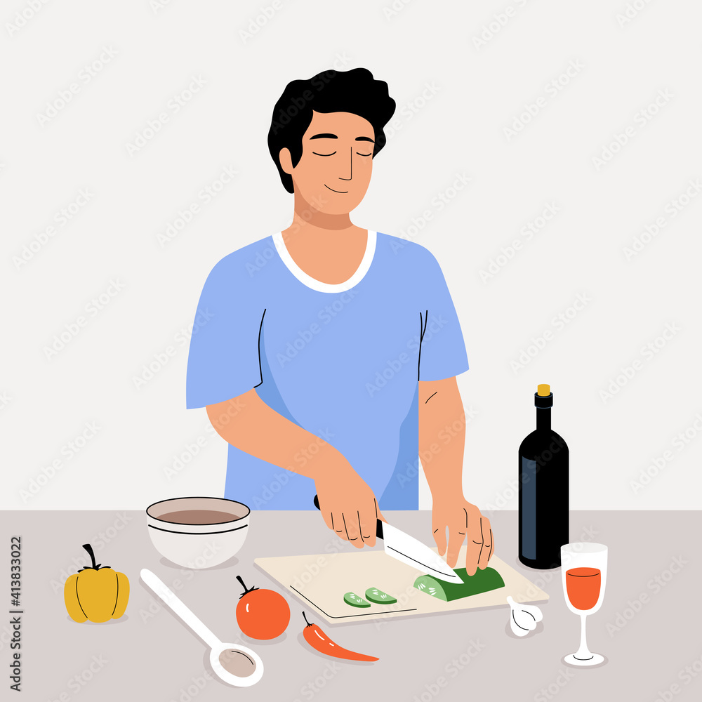 Vector young man cooks in the kitchen. Cartoon boy cutting vegetables for salad at home. Doodle character Illustration Vector young man cooks in the kitchen. Cartoon boy cutting vegetables for salad at home. Doodle character Illustration