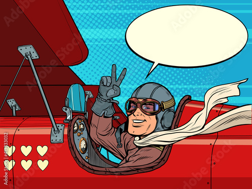 Pilot man in the plane of love. Valentines Day