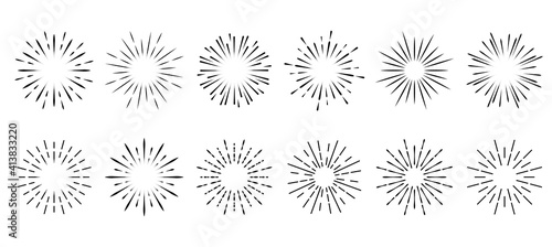 Set of light rays, sunburst and rays of sun. Design elements, linear drawing, vintage hipster style. Light rays sunburst, arrow, ribbon Vector Illustration