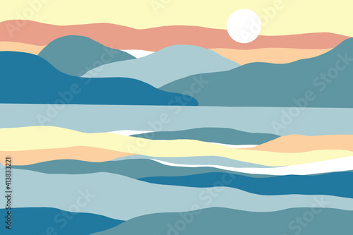 Abstract landscape. Nature, sea, waves, sky, sun, river, sea, rock mountain landscape poster. Modern minimalism. Geometric landscape background. Watercolor illustration.