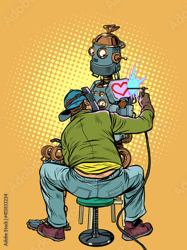 The tattoo artist fills the loving robot with a tattoo of a heart. Valentines Day