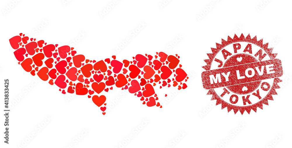Vector mosaic Tokyo Prefecture map of lovely heart elements and grunge My Love seal. Mosaic geographic Tokyo Prefecture map created with lovely hearts. Vector mosaic Tokyo Prefecture map of lovely heart elements and grunge My Love seal. Mosaic geographic Tokyo Prefecture map created with lovely hearts.