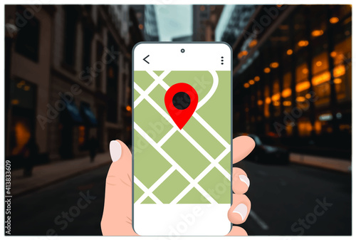 Hand holding smartphone showing maps navigator and marker on screen with blurry street background.Mobile GPS tracking concept.