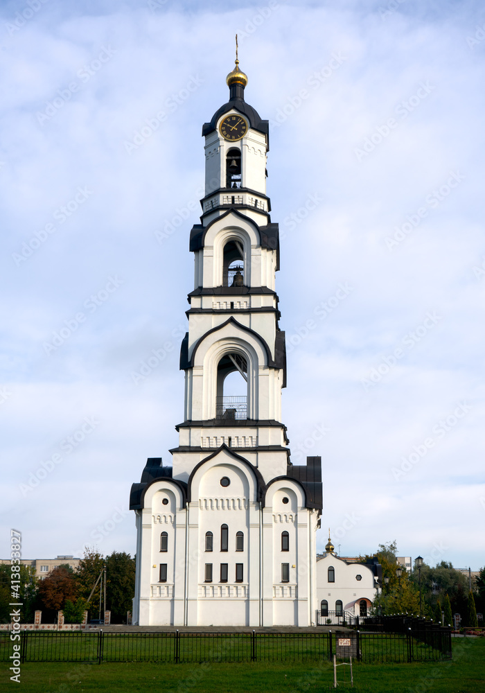 Orthodox Cathedral Bell tower of St. Theodore of Tyrone in Pinsk, Republic of Belarus October 23 2020