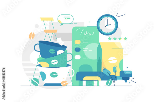 Abstraction on theme of coffee vector illustration. Coffee to go, aromatic drink flat style. Coffee drink production and coffee lovers concept. Isolated on white background