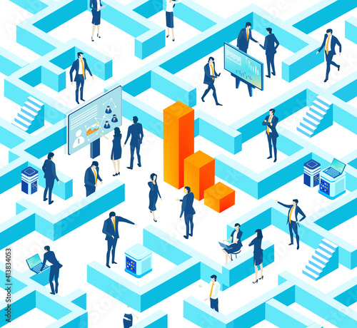 Isometric 3D labyrinth business environment. Business management. Isometric space,  business people in maze working together, solving the problems