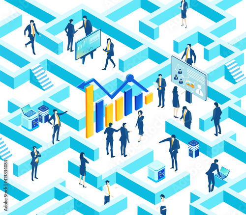 Isometric 3D labyrinth business environment. Business management. Isometric space,  business people in maze working together, solving the problems