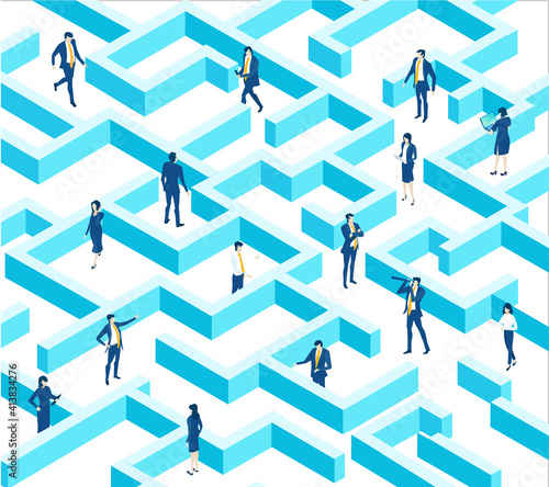 Isometric 3D labyrinth business environment. Business management. Isometric space,  business people in maze chasing each other