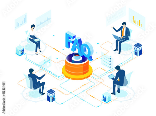 FAQ Isometric Internet datacenter, server room, web administrator hosting concept  with business people. Technology, success, internet, data protection and personal security infographic illustration