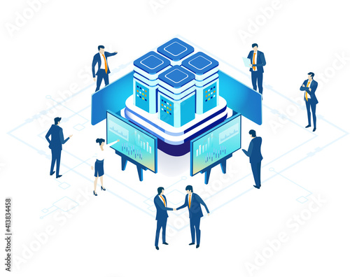 Isometric 3D Internet datacenter, server room, web administrator hosting concept  with business people. Technology, success, internet, data protection and personal security infographic illustration