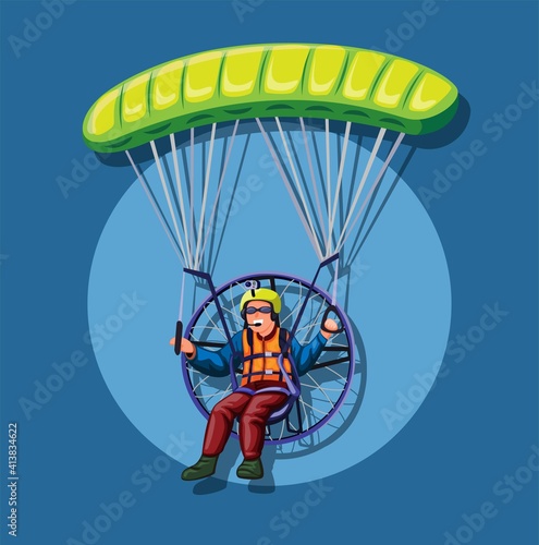 Powered paragliding, man fly in parachute with engine concept in cartoon illustration vector