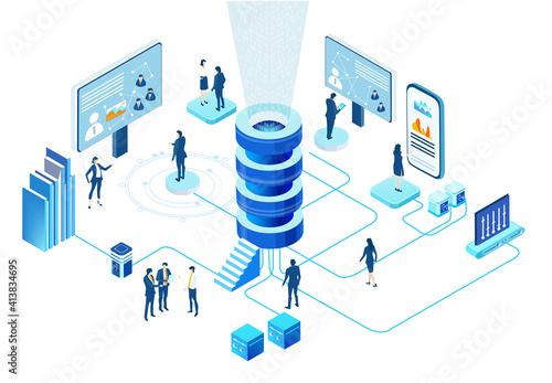 Isometric 3D Internet datacenter, server room, web administrator hosting concept  with business people. Technology, success, internet, data protection and personal security infographic illustration