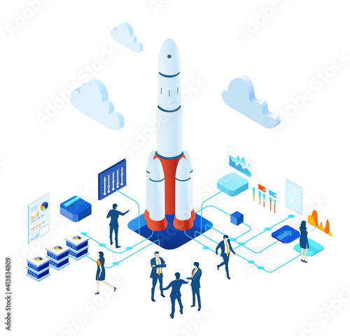 Rocket launch, new start up. Isometric 3D business environment. Business management. Isometric office space, server room with business people. Technology, success, internet, data protection, support 