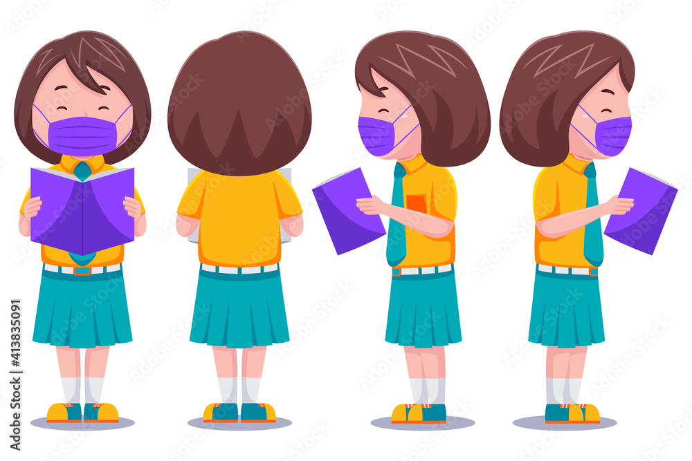 Cute kids girl student reading books in different poses. Cute kids girl student reading books in different poses.