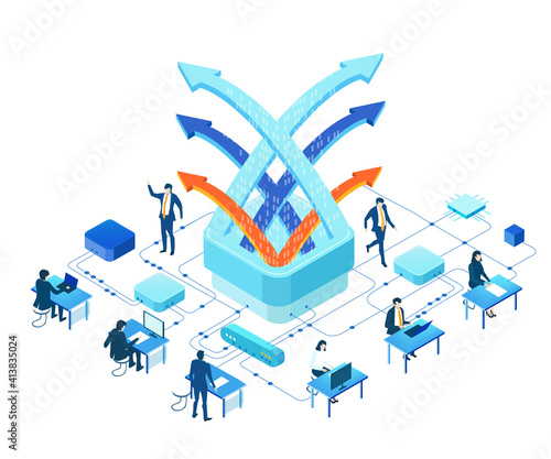 Isometric 3D Internet datacenter, server room, web administrator hosting concept  with business people. Technology, success, internet, data protection and personal security infographic illustration