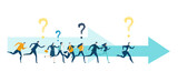 Business people, creative team running forward with question marks above heads