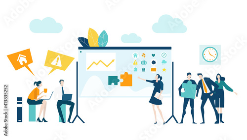 Business people, team having a meeting. People talking in front of screen, discussing the way to develop new project, working together, support and achievement. Business concept illustration