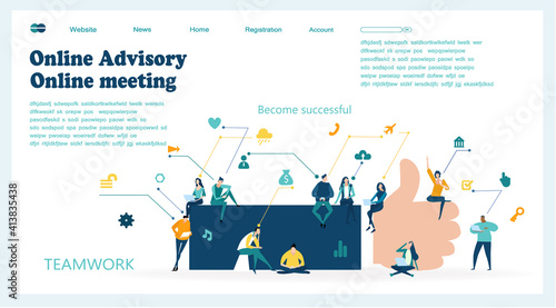 Business people working together in finance industry, advising, investing, developing and supporting new start ups. Creative business website template, modern flat design.