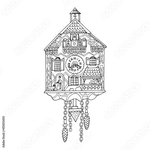 Vintage German cuckoo clock. The carved retro clock is isolated on a white background. Vector drawing in the sketch style. Coloring pages for children and adults. For home design and decoration