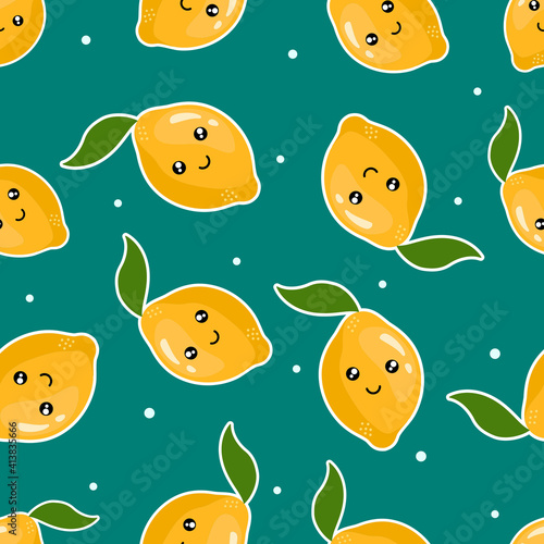Flat smiling lemons with leaves and white dots on a gray background. Seamless kawaii fruit pattern. Suitable for textile, wrapping paper.